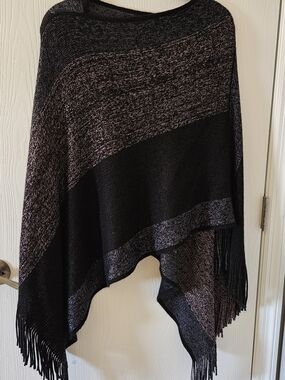 Black and Heathered Taupe Knit Fringe Poncho